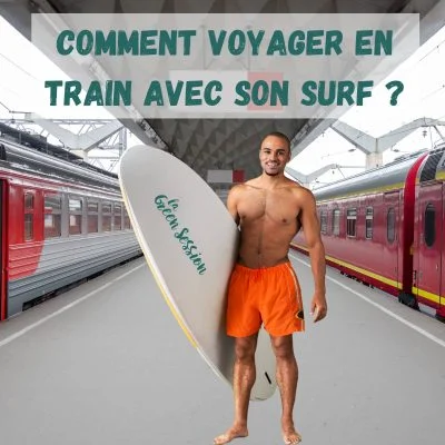 un surfeur avec sa planche de surf dans une gare entre deux trains